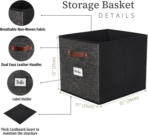 DECOMOMO Storage Baskets - 13x15x13 Cube Bins with Labels for Organized Kallax Shelves | 4-Pack, Black Pattern