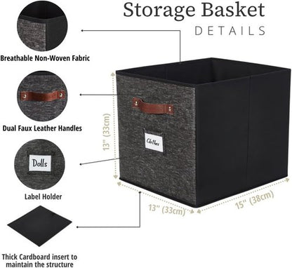 DECOMOMO Storage Baskets - 13x15x13 Cube Bins with Labels for Organized Kallax Shelves | 4-Pack, Black Pattern