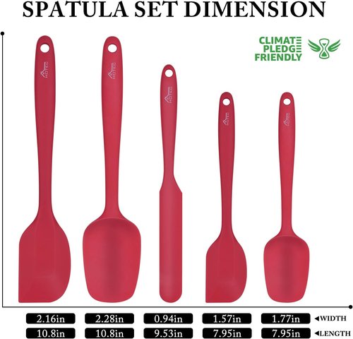 HOTEC Silicone Rubber Spatula Set - Heat Resistant 600℉, BPA-Free, Dishwasher Safe | Red, Set of 5
