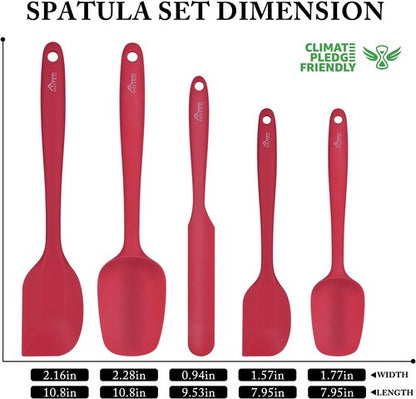 HOTEC Silicone Rubber Spatula Set - Heat Resistant 600℉, BPA-Free, Dishwasher Safe | Red, Set of 5