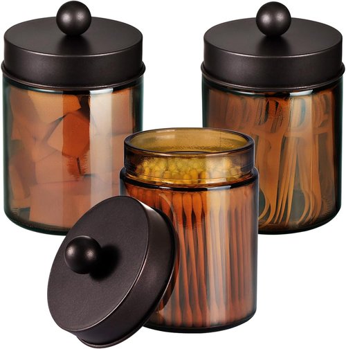 Amber Glass Qtip Holder - Apothecary Jar Set with Brown Metal Lid | Bathroom Storage Organizer (3 Pack, Bronze)