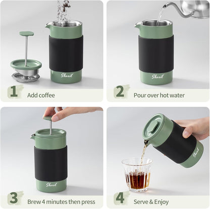 Skiennix French Press - 350ml Stainless Steel Coffee Maker | Portable 2-Cup Cafetiere for Ground Coffee