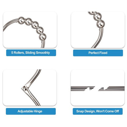 MENGJINGO 12PCS Wide Shower Curtain Hooks Rings, Rust Proof Stainless Steel, Heavy Duty Shower Hooks Rings for Bathroom Shower Rods Curtains Liners, Easy Glide Rollers, Set of 12,Chrome