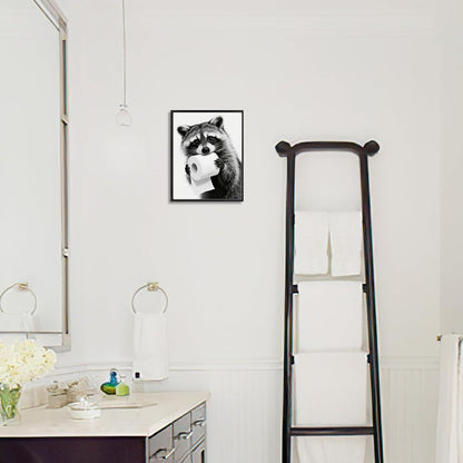 Pinetree Art Cute Raccoon Wall Decor - Framed Black and White Bathroom Art for Guest Restrooms