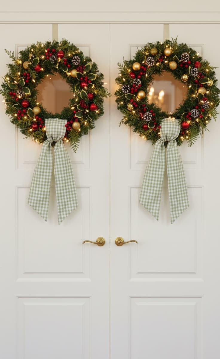 Skiennix Wreath Sash - Green White Checkered Plaid Bow Ribbon Bundle for Home Decor | 2 Pack (5.12" x 54.33")