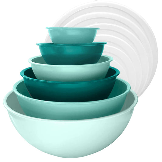 edge Plastic Mixing Bowls 12 Piece Nesting Set 6 Prep Bowls and 6 Lids, for Baking, Cooking and Storing, Tonal Mint