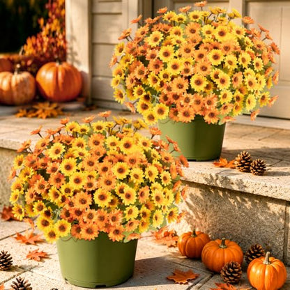 Artificial Fall Flowers Bundle with 252 Blooms - Yellow & Orange, 12 Stems for Outdoor Decor