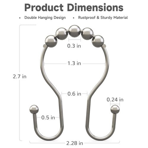 Shower Curtain Hooks Brushed Nickel Shower Curtain Rings Rust Proof, Bathway Balanced Smooth Glide Double Shower Curtain Hooks, Sturdy Shower Hooks for Shower Curtain 12 Pcs Shower Rod Hooks
