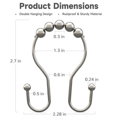 Shower Curtain Hooks Brushed Nickel Shower Curtain Rings Rust Proof, Bathway Balanced Smooth Glide Double Shower Curtain Hooks, Sturdy Shower Hooks for Shower Curtain 12 Pcs Shower Rod Hooks