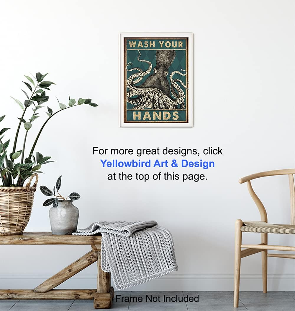 Octopus Nautical Bathroom Wall Art - Funny Beach Decor | Unique Wash Your Hands Sign for Guest Bath