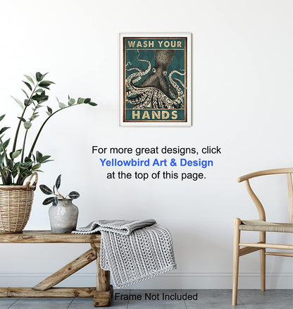 Octopus Nautical Bathroom Wall Art - Funny Beach Decor | Unique Wash Your Hands Sign for Guest Bath