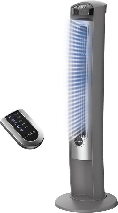 Lasko Oscillating Tower Fan - Quiet 42" Floor Fan with Remote Control for Bedroom - Silver T42951