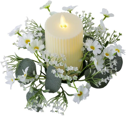 Skiennix Candle Rings - Artificial Daisy Flower Wreaths with Green Leaves | 3-Inch Diameter, White