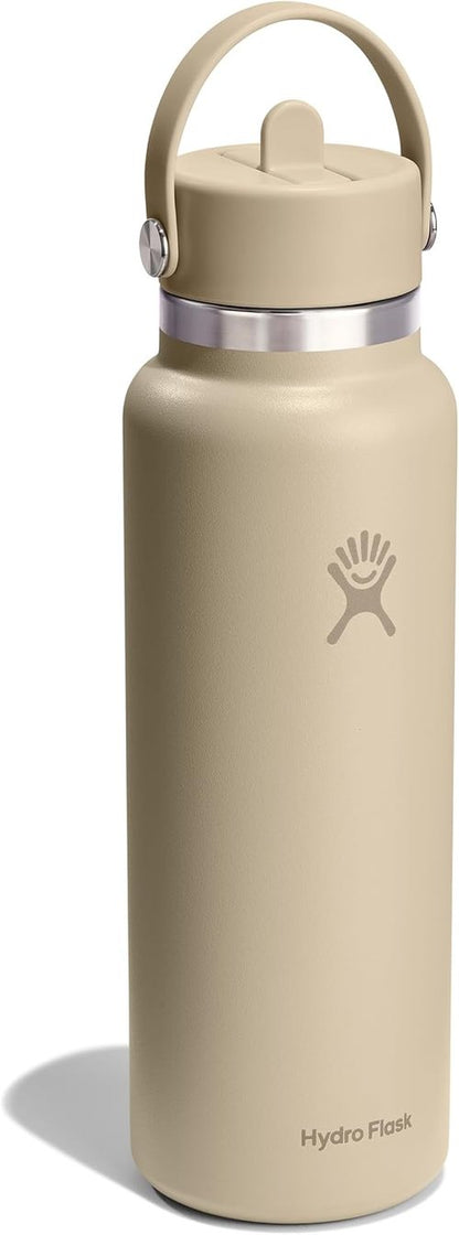 Hydro Flask Water Bottle - Insulated Stainless Steel with Wide Mouth Flex Straw Lid | 40 Oz Tonal Oat, Leakproof & Refillable