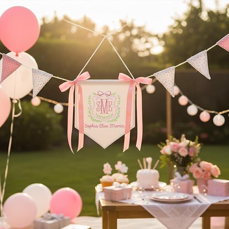 Personalized Baby Banner with Name - Embroidery on Cotton Canvas, 12x11 in AM-AOFB-06