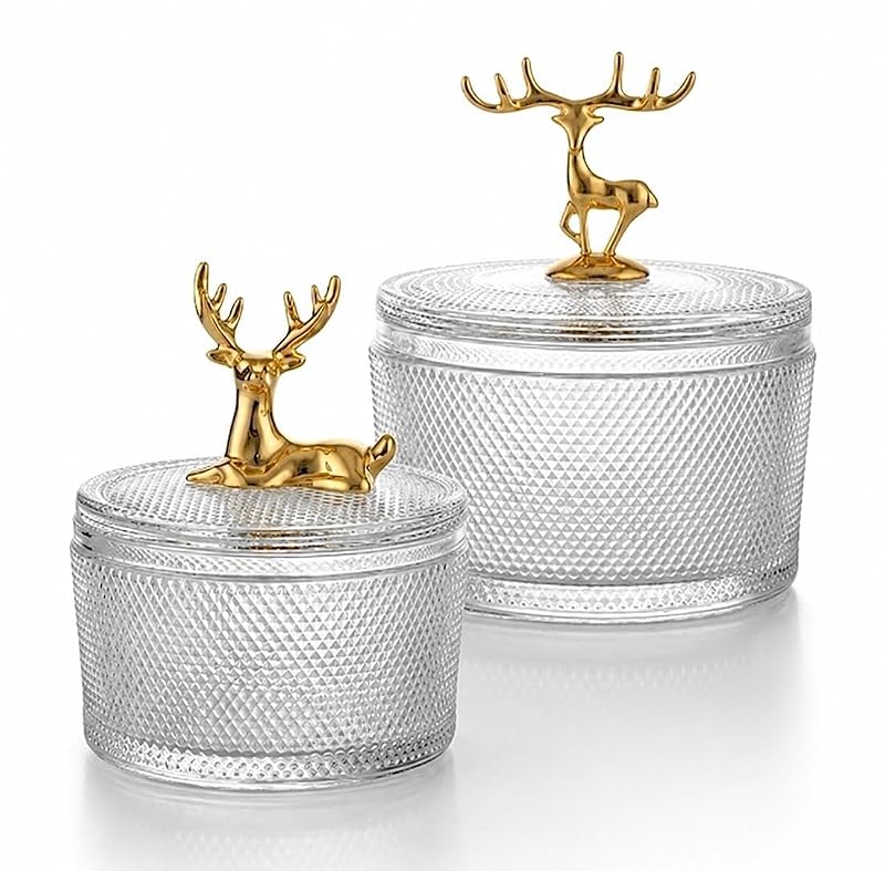 Christmas Reindeer Glass Candy Jars with Lids - Set of 2 Crystal Diamond-Cut Jars