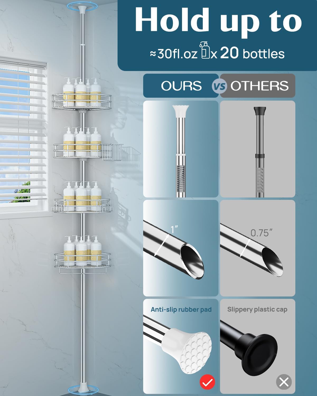 SEIRIONE Corner Shower Caddy - Rust-Free Tension Pole Organizer | 4-Tier Adjustable Shelf, Fits 34-116 Inch Height, Silver