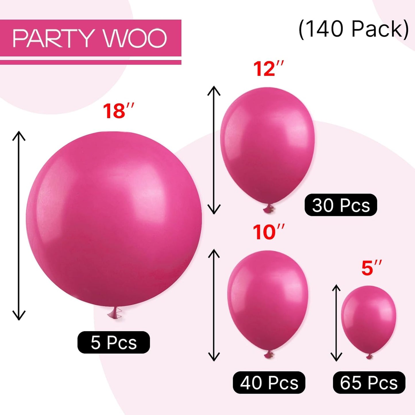 PartyWoo Hot Pink Balloons - 140-Piece Magenta Balloon Arch Kit for Baby Showers & Birthdays | Various Sizes