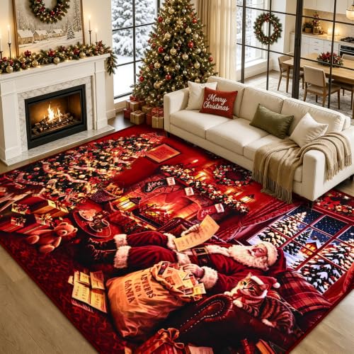 Christmas 6x9 Area Rug with Santa Design - Washable Non-Slip Living Room Decor