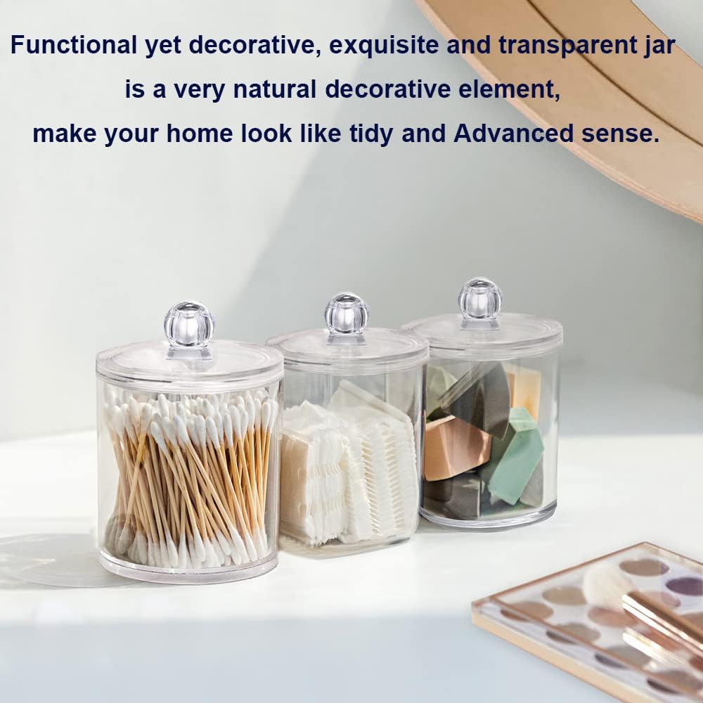 Qtip Holder Dispenser - 4 Pack Clear Plastic Apothecary Jar Set for Cotton Balls & Swabs | Bathroom Storage Organizer