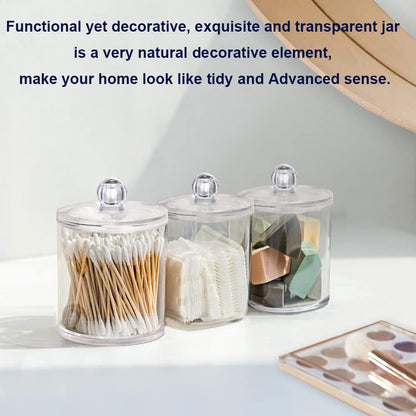 Qtip Holder Dispenser - 4 Pack Clear Plastic Apothecary Jar Set for Cotton Balls & Swabs | Bathroom Storage Organizer