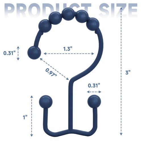 Titanker Shower Curtain Hooks Rings, Rust-Resistant Metal Double Glide Shower Hooks for Bathroom Shower Rods Curtains, Set of 12 Hooks - Navy Blue
