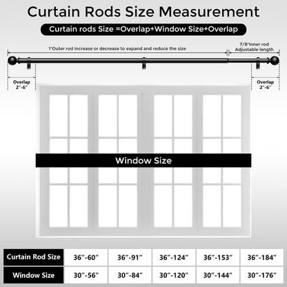 Wolistsa Curtain Rods 48 to 84 Inch, Black 1 Inch Adjustable Heavy Duty Curtain Rods for Windows, Decorative Modern Window Treatment Rod, Telescopic Splicing Metal Drapery Pole, Easy Installation
