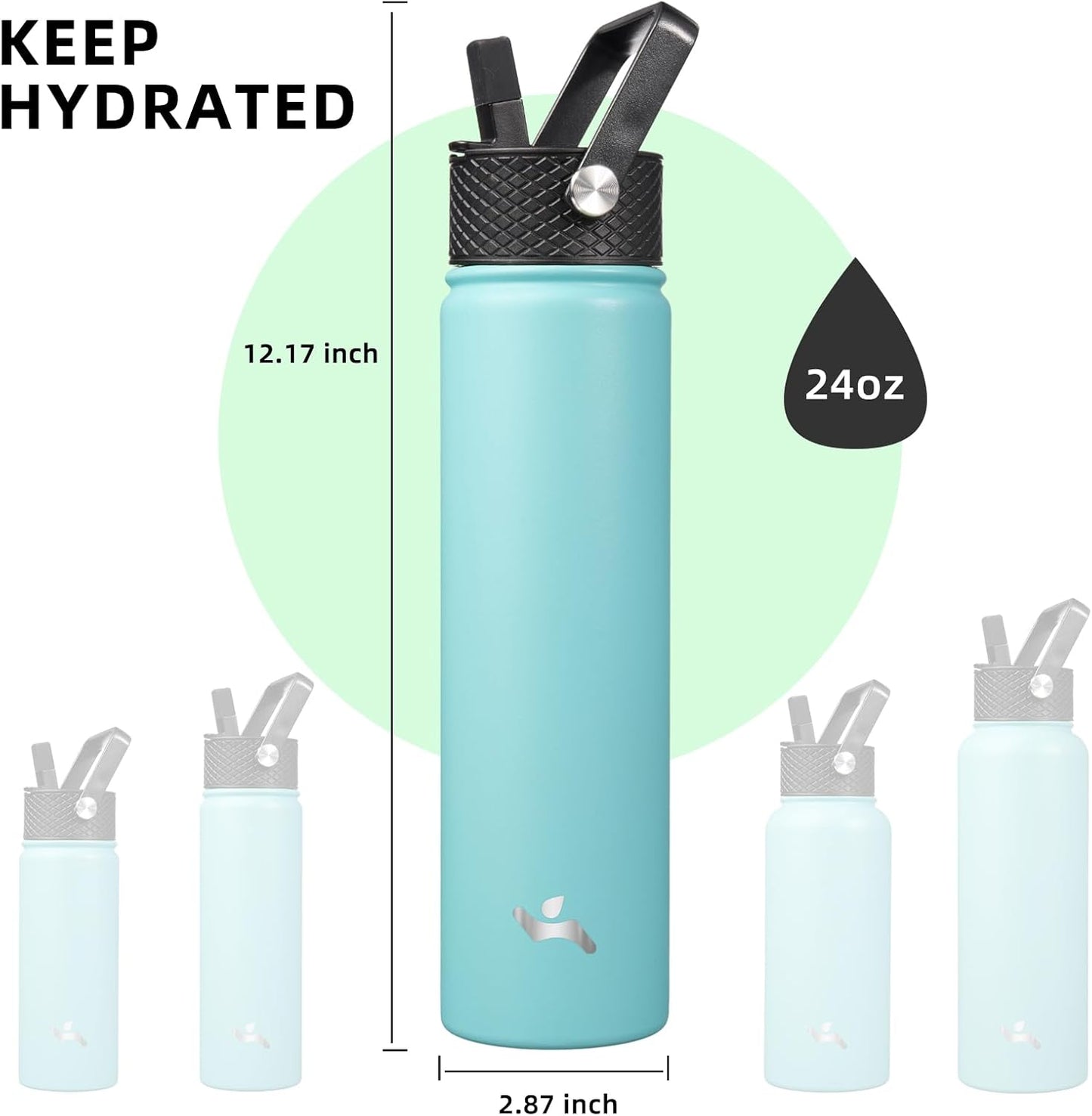 Skiennix Insulated Water Bottle - 24oz Stainless Steel Sport Bottle with 3 Lids | Turquoise