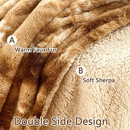 CAROMIO Faux Fur Throw Blanket, Tie-Dye Decorative Reversible Sherpa Throw Blanket for Sofa Bed Couch, Fluffy Fuzzy Plush Microfiber Double Layer Bed Throw Fur Blanket for Winter, 50"x60", Brown