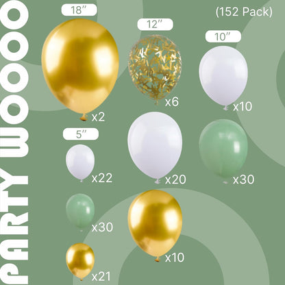 PartyWoo Balloon Arch Kit - Sage Green 152pcs Set with Olive, Dusty Green & Gold Confetti for Baby Showers & Birthdays