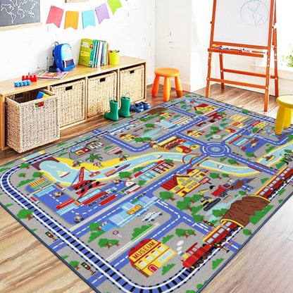 Capslpad Kids Rug 6'6" x 5'0" Educational Learning Kid Play Area Rug Large Traffic Road Cars Rug Play Mat for Kids Toy Nursery Car Carpet for Playroom Living Room Classroom Decor, Blue
