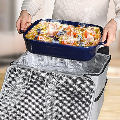 Bodaon Insulated Double Casserole Carrier Bag, Fits 9x13 and 11x15 Inch Baking Dish with Lid, Casserole Carriers for Hot or Cold Food for Transport (Grey)