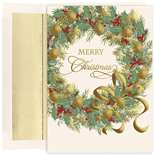 Christmas Card Set - Traditional Wreath Foil-Lined Envelopes, 15 Count