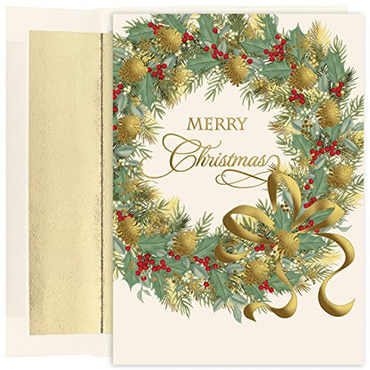 Christmas Card Set - Traditional Wreath Foil-Lined Envelopes, 15 Count