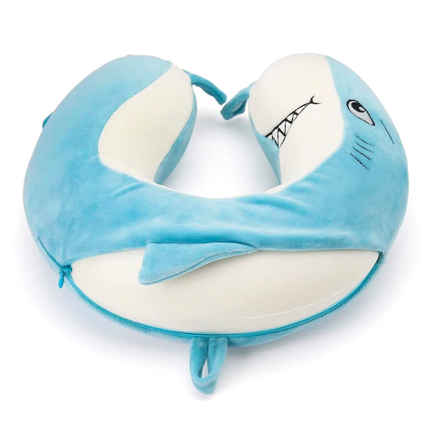 Travel Pillow Memory Foam Head Support Pillows Animal U Shaped Neck Pillow Attachable Snap for Sleeping Car Travel Home Office (Blue-Shark)