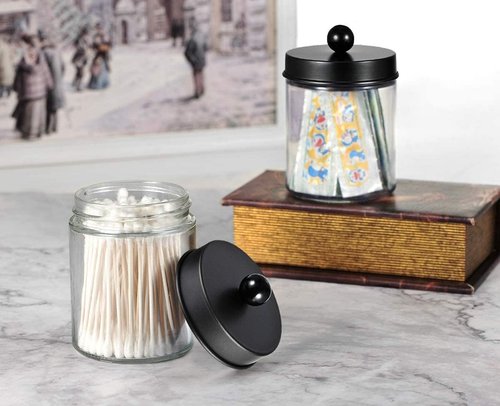 Amolliar Apothecary Jars Set - 4 Pack Bathroom Vanity Storage Organizers with Stainless Steel Lids & Cute Stickers | Black Qtip Dispenser for Cotton Swabs & Makeup Sponges