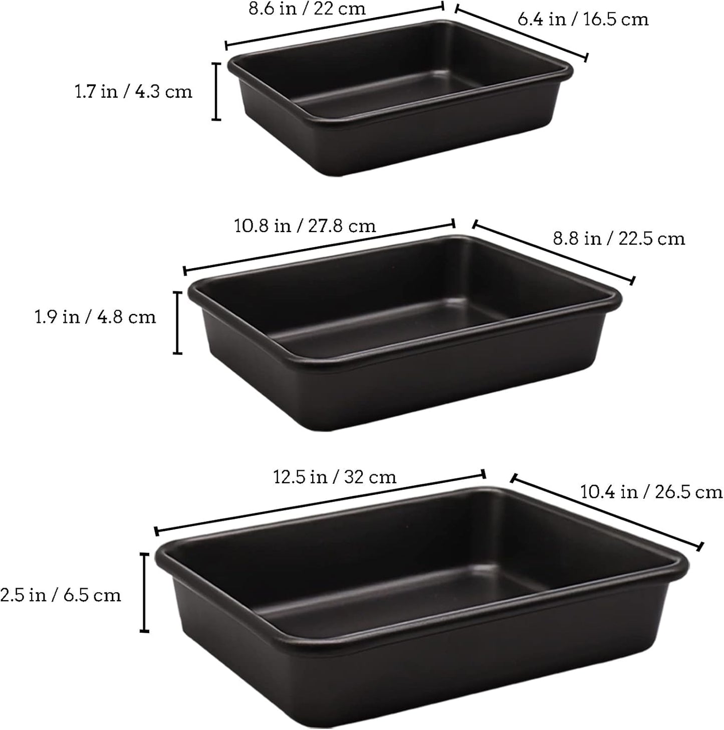 Skiennix Nonstick Roasting Pan Set - 3-Pack Durable Bakeware for Oven | Rectangular Black Design