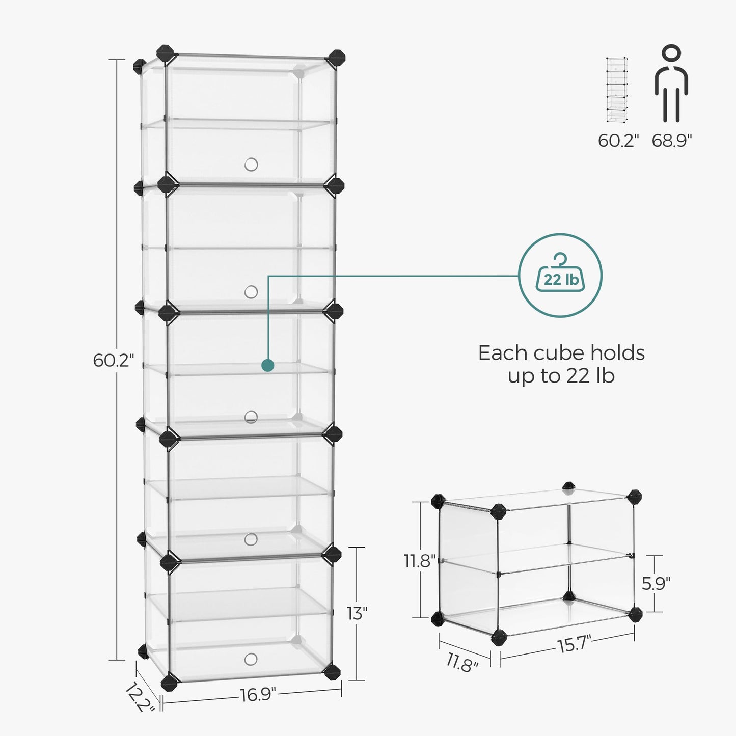 SONGMICS Shoe Rack, 10-Slot Storage Organizer Unit with Doors, Portable Cube Shoe Storage Organizer, Plastic Modular DIY Storage Shelf, Closet Divider for Clothes Bags Toys, Transparent ULPC506T01