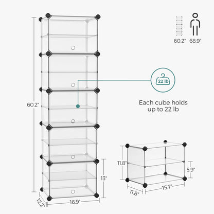 SONGMICS Shoe Rack, 10-Slot Storage Organizer Unit with Doors, Portable Cube Shoe Storage Organizer, Plastic Modular DIY Storage Shelf, Closet Divider for Clothes Bags Toys, Transparent ULPC506T01