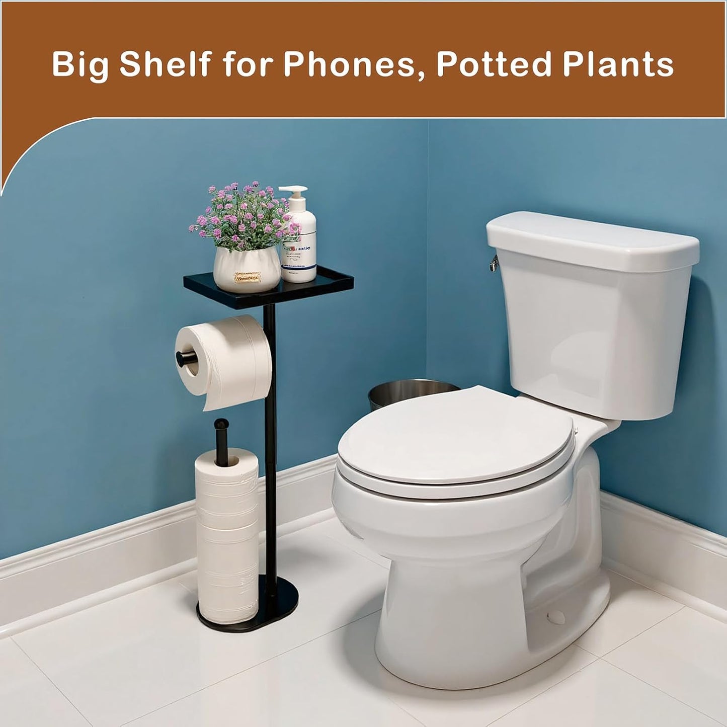 Skiennix Free Standing Toilet Paper Holder - Sturdy Black Tissue Roll Stand with Phone Shelf, Holds 5 Rolls