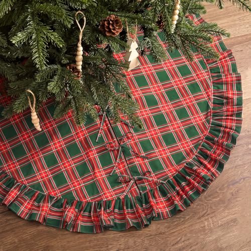 Blueweenly Green Red Plaid Ruffled Christmas Tree Skirt 36 Inch - Holiday Decor