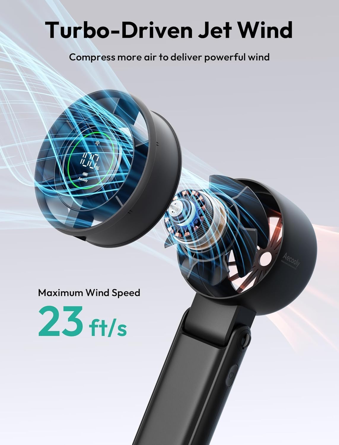 Aecooly Portable 3-in-1 Turbo Handheld Fan - USB Rechargeable Mini with 22H Cooling Time | Black