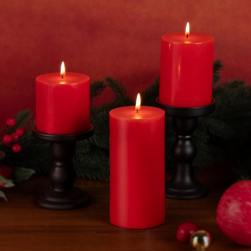 Red Pillar Candles Set of 3 x 6in - Unscented, Smokeless & Dripless 56-Hour Burn Time