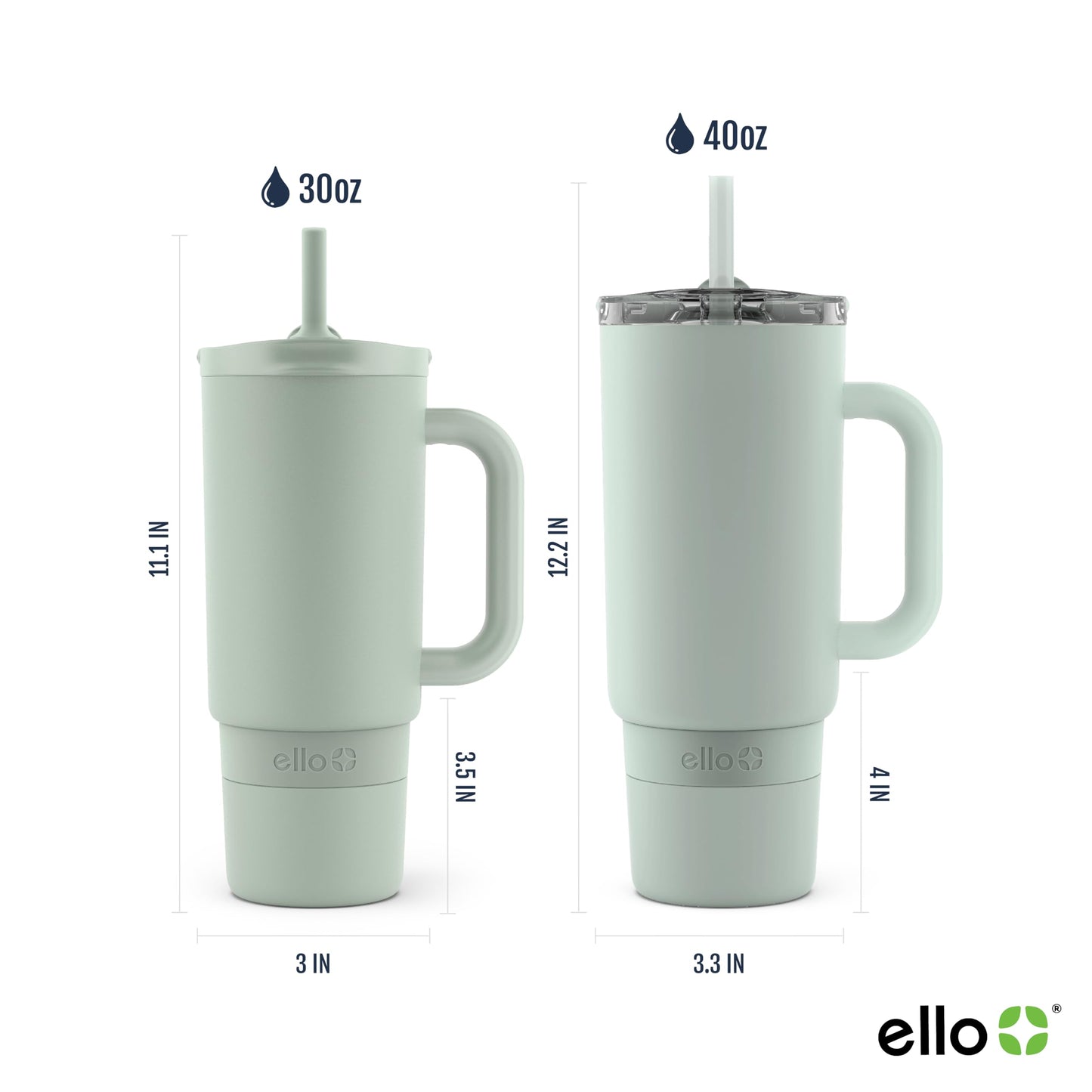 Ello Port 30oz Tumbler with Carry Loop & Integrated Handle | Vacuum Insulated Stainless Steel Reusable Water Bottle Travel Mug | Leak Proof Lid | Flexible Straw | BPA-Free | Dishwasher Safe | Sage