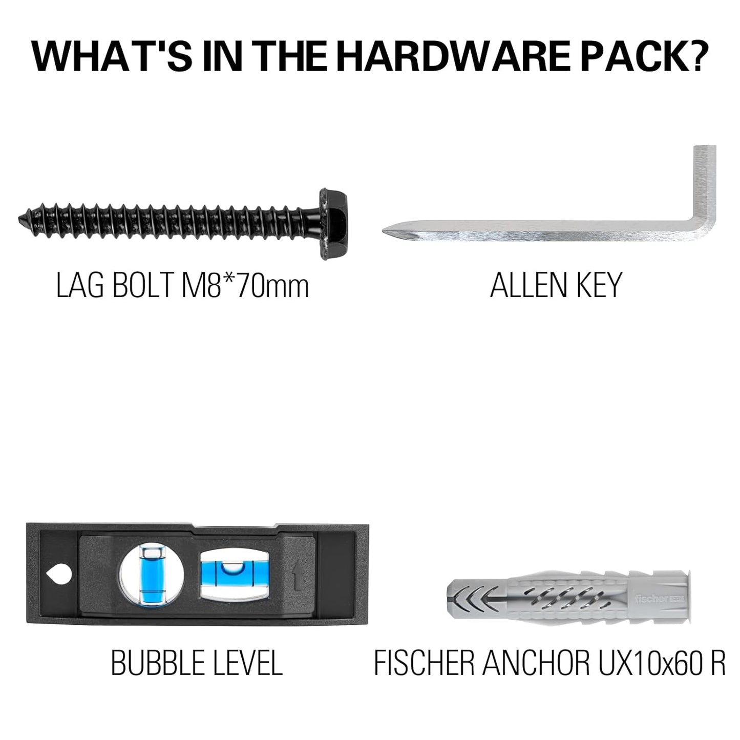 Mounting Dream Lag Bolt Kit - M8 Lag Bolts for Wood Studs & Fischer Anchors for Concrete Walls | Includes Allen Key & Bubble Level