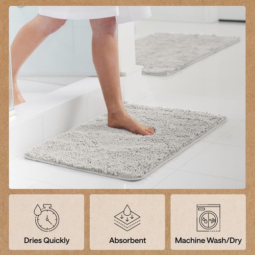 GORILLA GRIP Bath Rug Mat - Soft Absorbent Chenille | Quick Dry Microfiber, 60x17, Light Gray