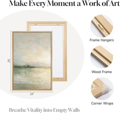 Framed Sage Green Abstract Wall Art - Large Set of 2 Minimalist Canvas Prints | 24x36 Inch for Living Room & Office