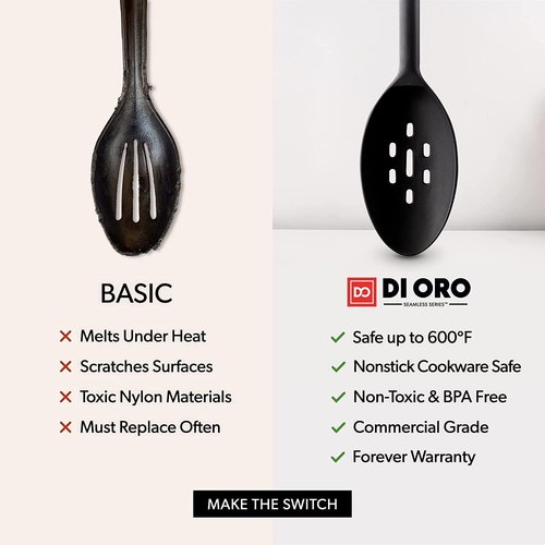 DI ORO Silicone Cooking Spoons - Heat-Resistant 600°F Utensils for Mixing & Serving | 2-Piece Set in Black