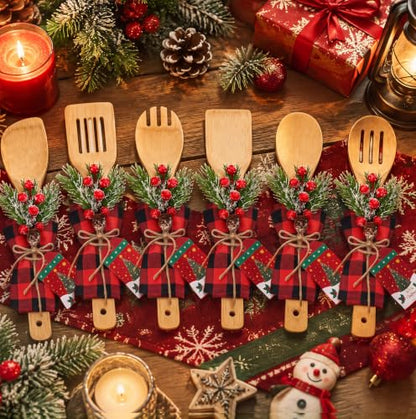 Christmas Bamboo Spatula Set with 24 Utensils & Festive Accessories - Classic Shape, Red & Black