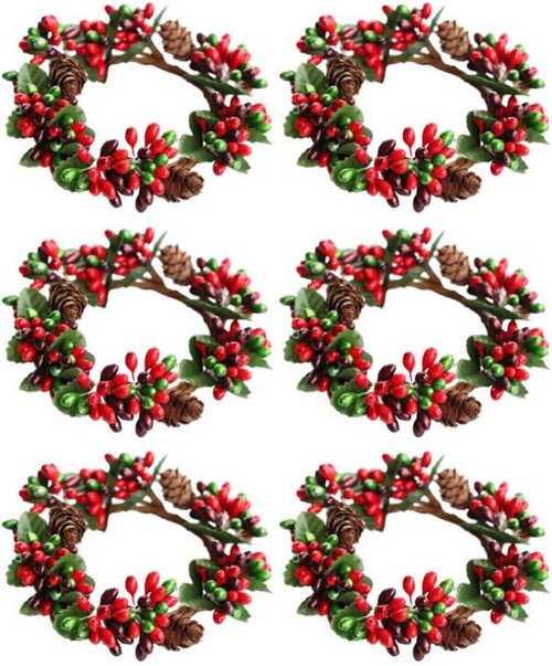 Amosfun Christmas Candle Rings - 6Pcs Artificial Berry Wreaths for Holiday Table Decor